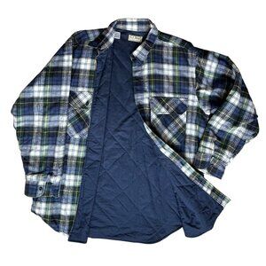 L.L. Bean Mens Large Quilted Flannel Shirt Blue Green Plaid Lined Button Down